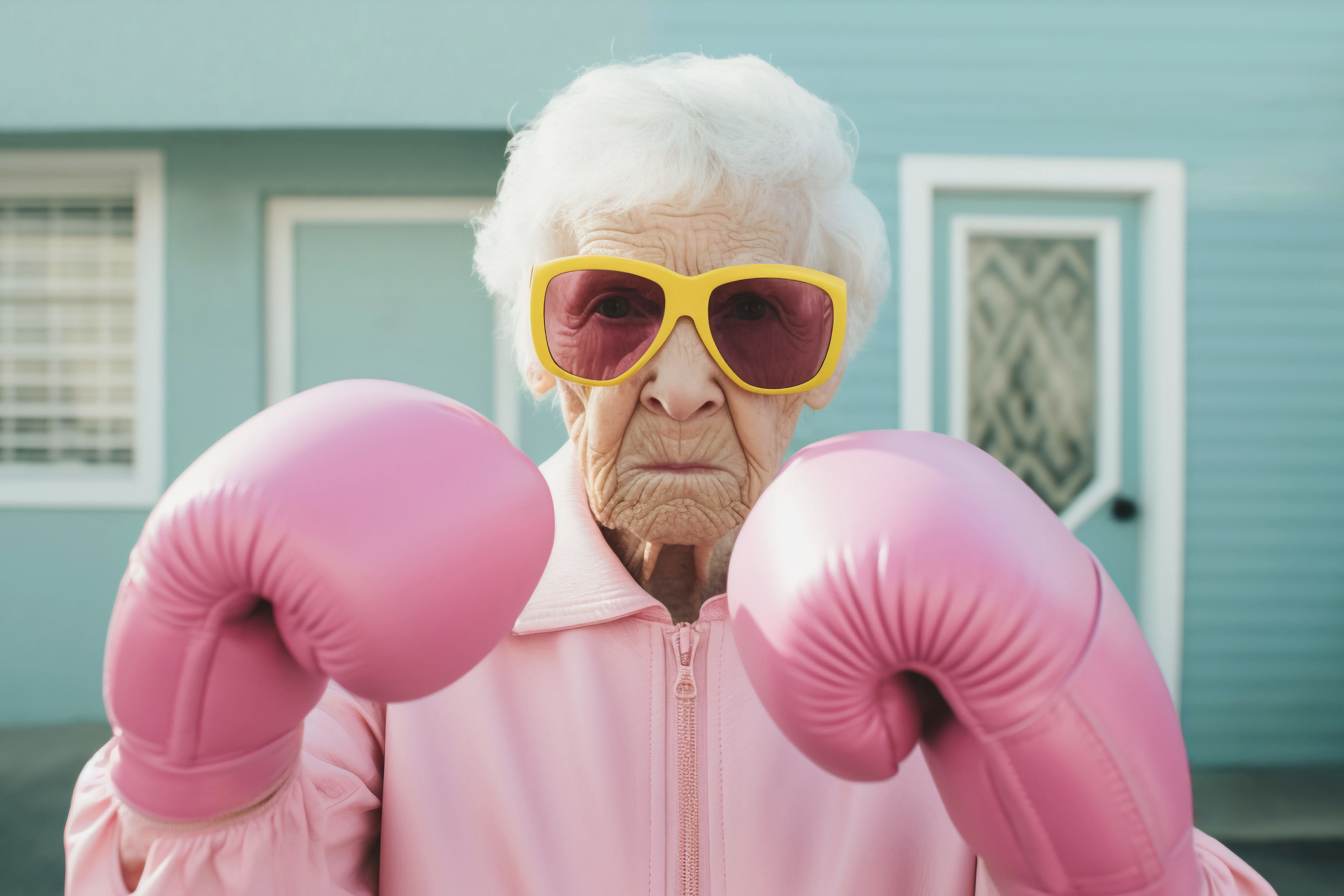 Ältere Dame im rosa Trainingsanzug mit Boxhandschuhen und Sonnenbrille